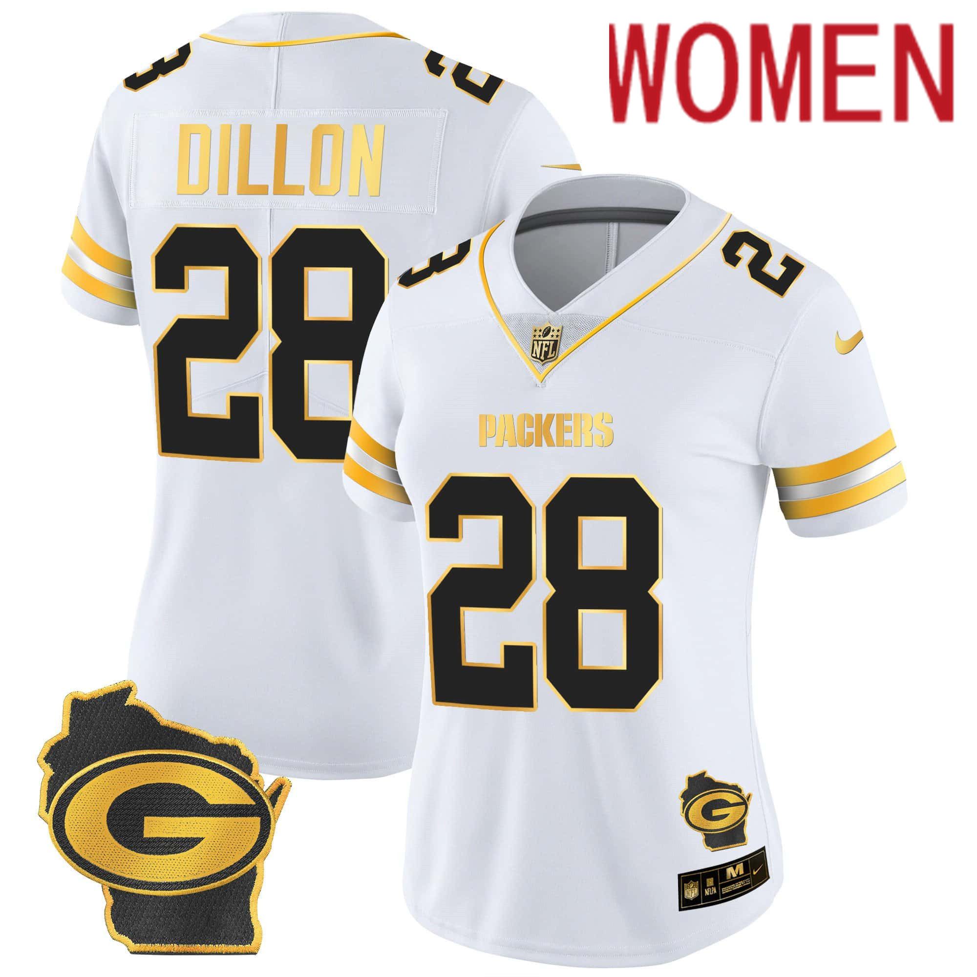 Women Green Bay Packers #28 Dillon White Gold 2024 Nike Home Patch Vapor NFL Jersey